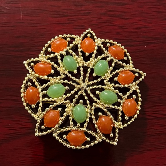 Sarah Coventry Orange & Green Cabochon Brooch - Picture 10 of 12